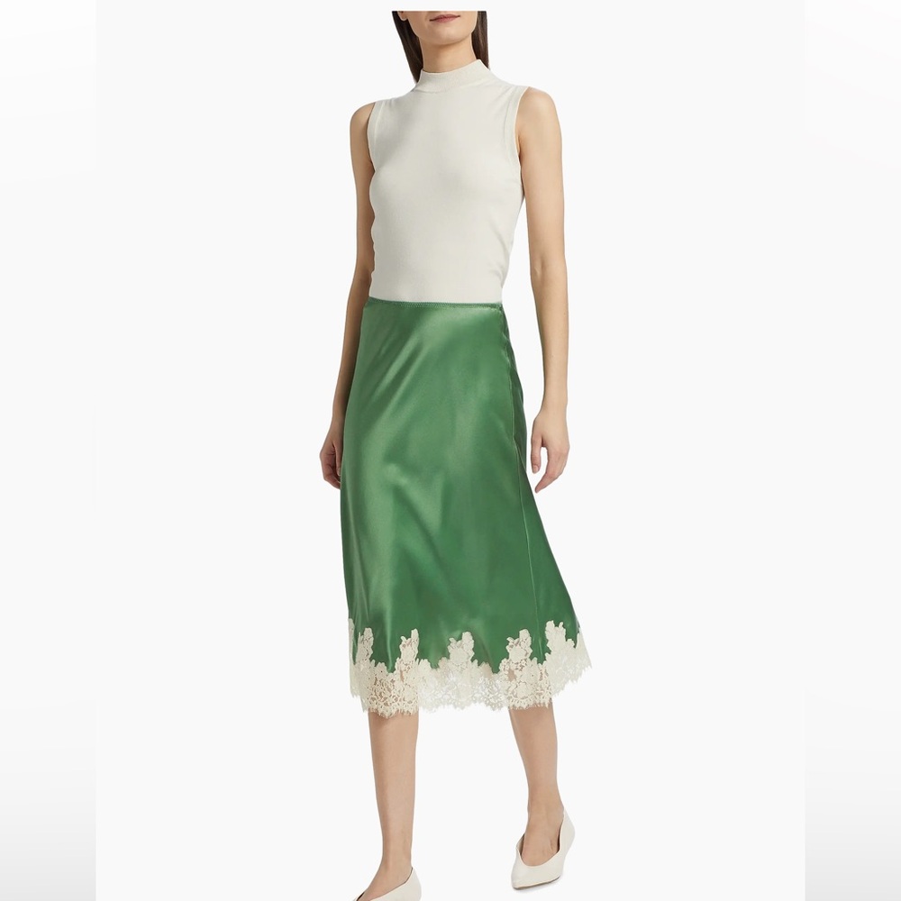 Doen Green Satin Slip Skirt with Cream Lace Hem - Picture 12 of 12